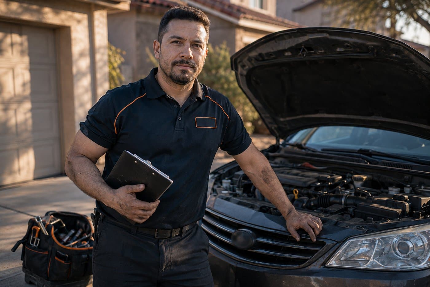 A mobile automotive technician standing beside a car with its hood open
