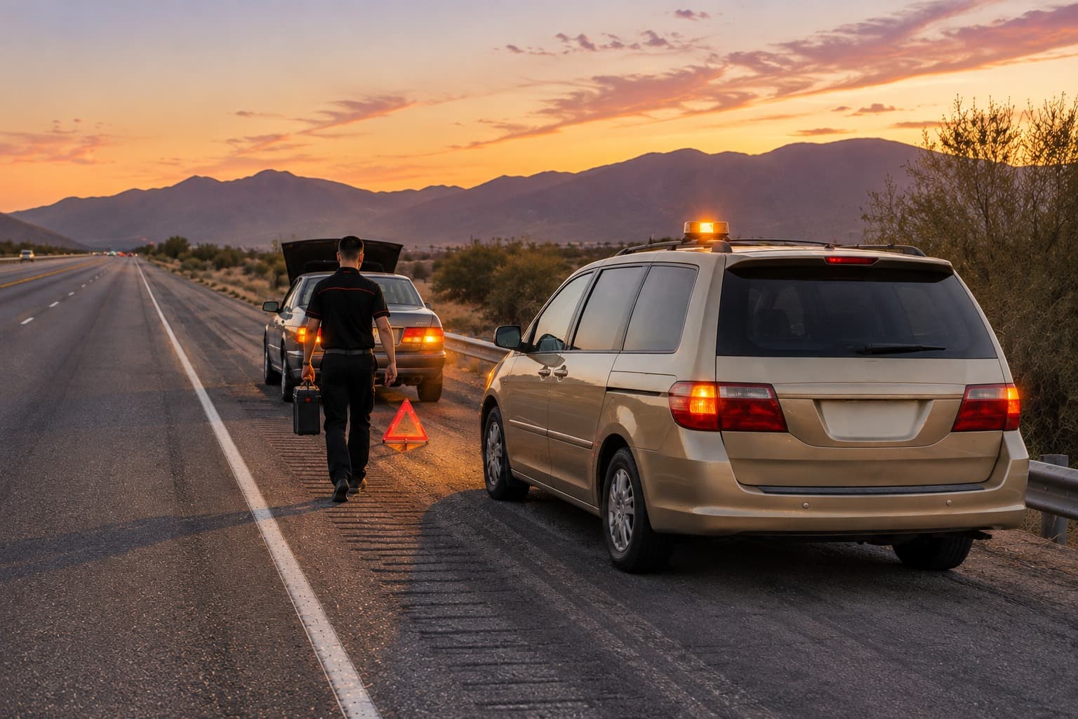 A mobile mechanic technician arriving at a stranded car on an Arizona highway shoulder at dusk, with a service van behind