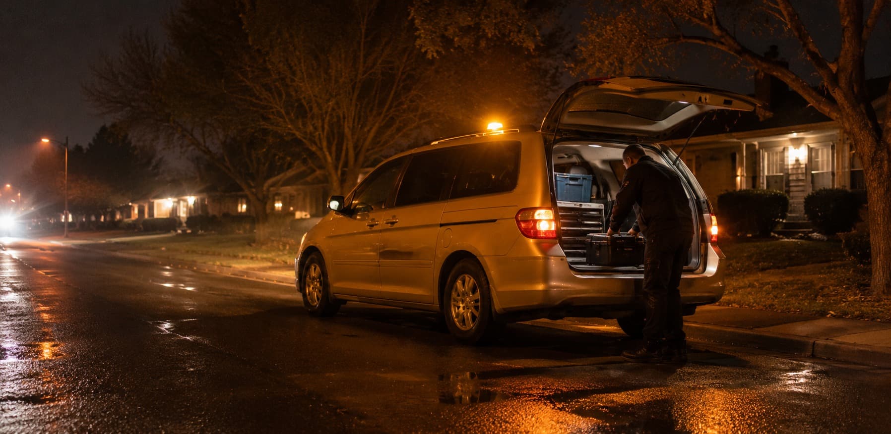 A mobile service van parked curbside at night with its hood open and hazard beacon lit