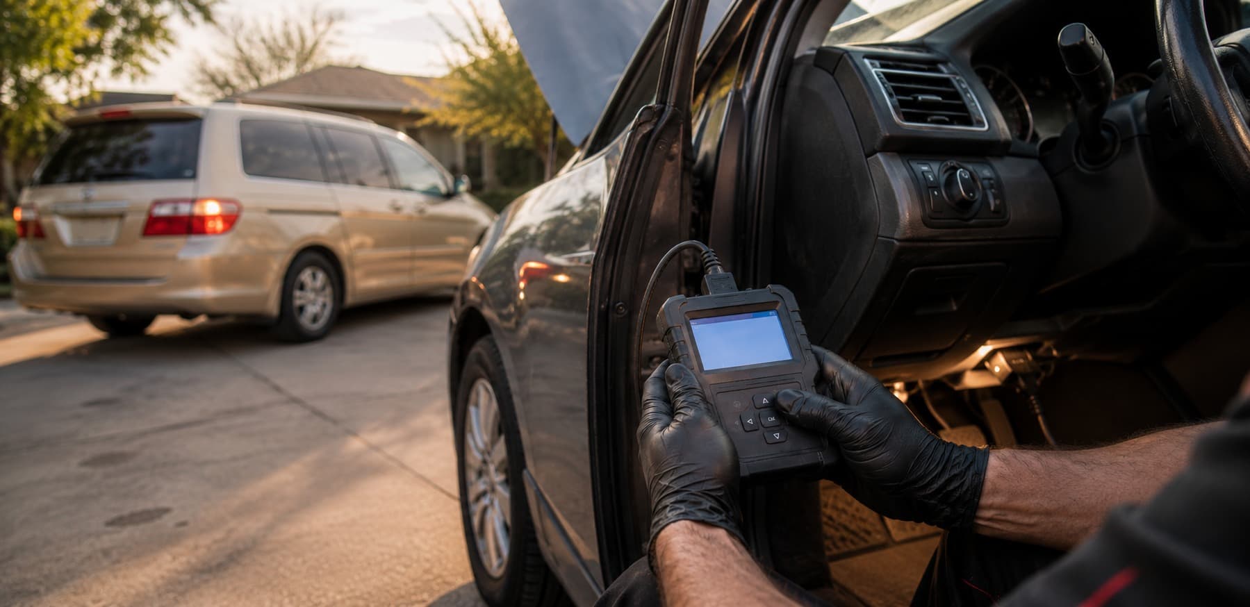 A technician running a diagnostic scan in a driveway with a mobile service van parked behind