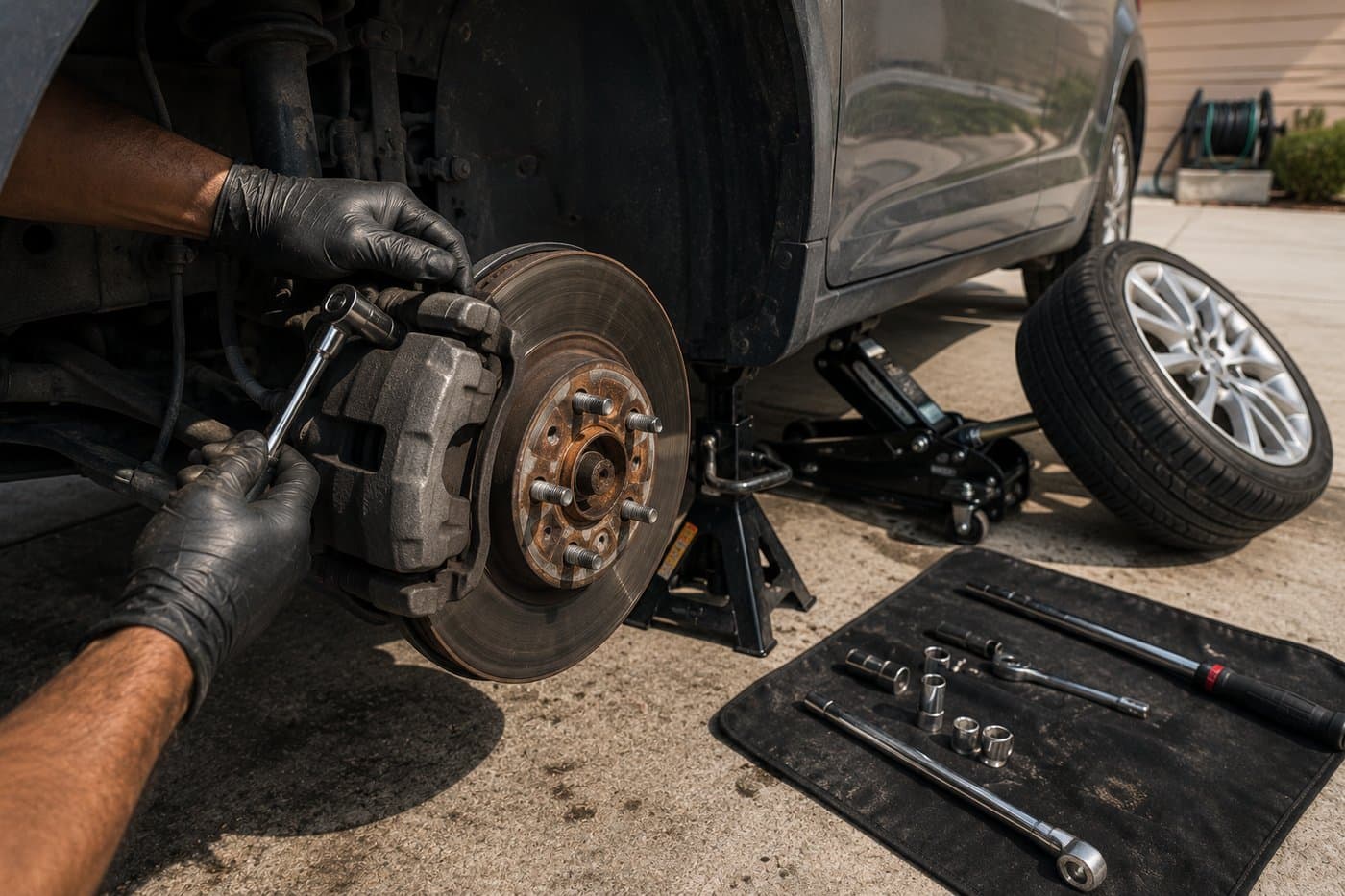 A technician's gloved hands working on a brake caliper with the wheel removed, tools laid out on a mat in a driveway