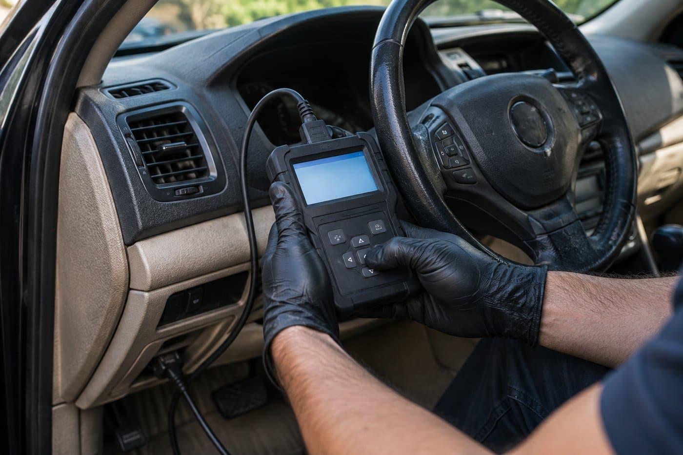 A technician holding a handheld diagnostic scanner plugged into a car's dashboard, with a mobile service van visible in the driveway behind