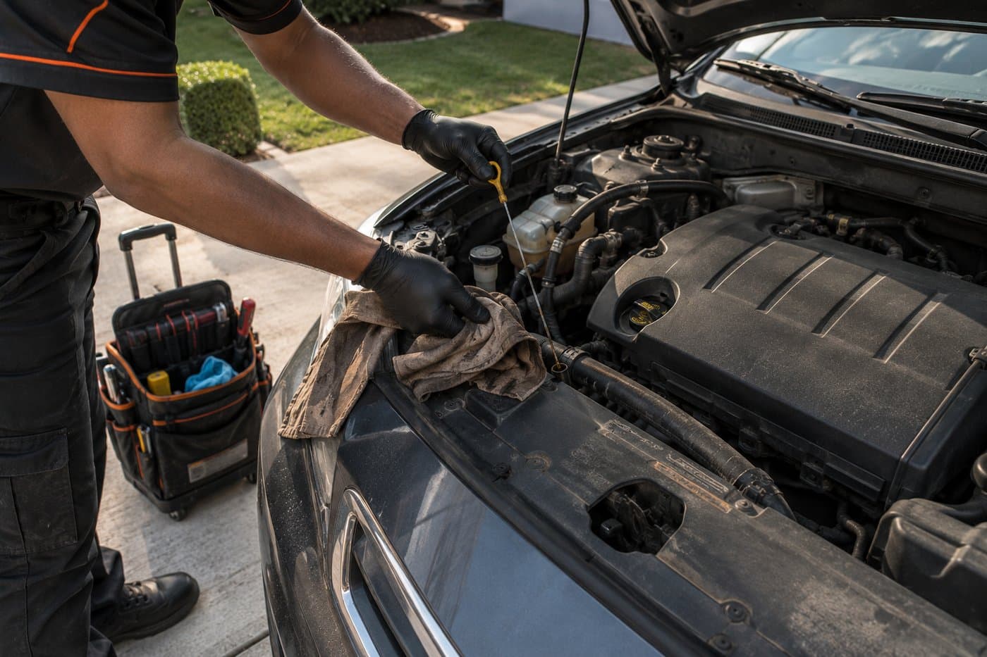 A technician checking the oil dipstick in an open engine bay in a driveway
